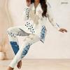 Women Plus Size Colorful Geometric Printed Half Zip Long Sleeve Long Top Fitted Pants Two Piece Set