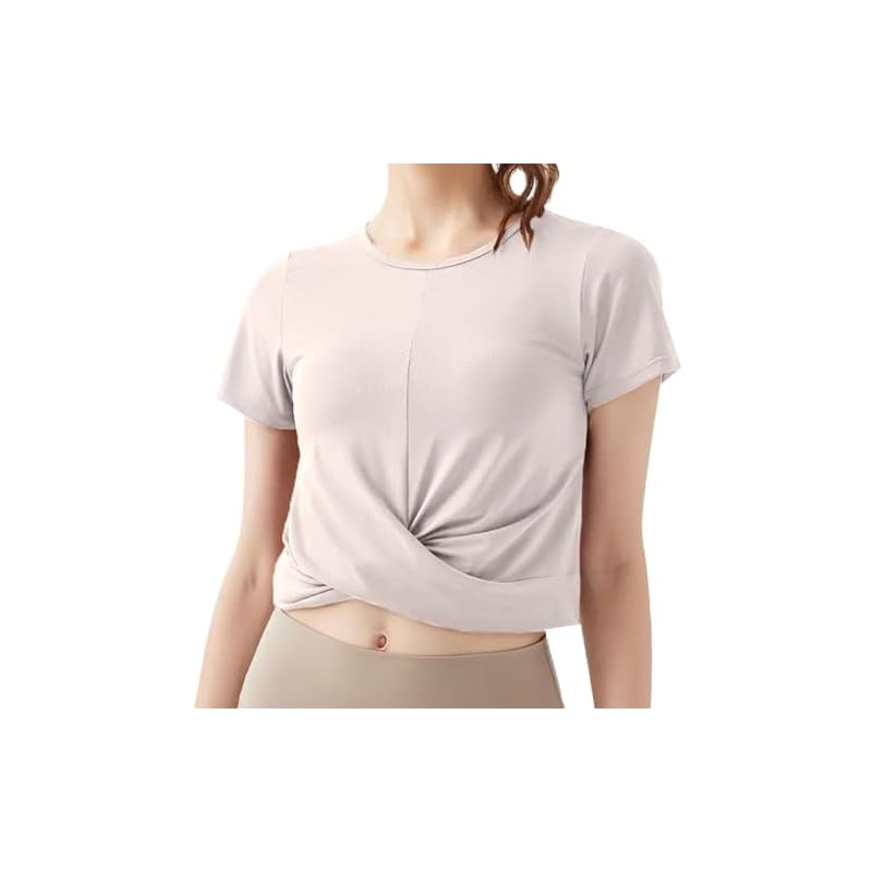 [Yomoment] Women's Yoga Wear, Twisted Hem, Round Neck, No Cups, Quick-Drying, Sweat-Wicking, Pilates Wear, Stretch, Sports T-Shirt, Cropped Plain