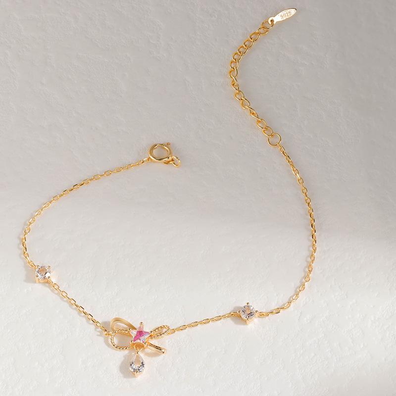 Bracciale Fiocco Stile Dolce Zirconi Argento Sterling S925 Placcato Oro Gioiello da Donna
