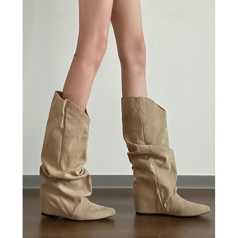 Brown Western Cowboy Boots Versatile Wasteland Wind Pile Boots Women's Inner Height Increase and Skinny Retro Boots