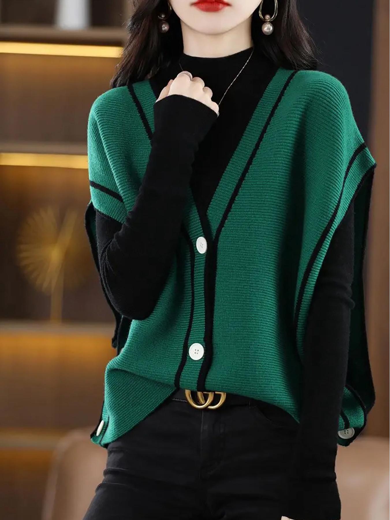 

European & American V-neck Color Block Fleece Knit Vest - Autumn Loose Fit M зелёный