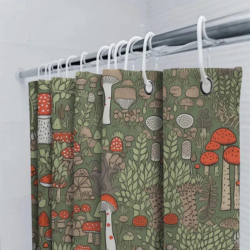 Green Mushroom Bath Mat Creative Mushroom Shower Curtain With Leaf Design For Bathroom Decor In Green Red Colors |