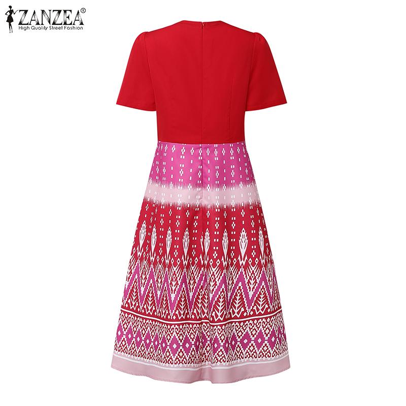 ZANZEA Women Summer Stand Collar Casual Short Sleeve Print Dress