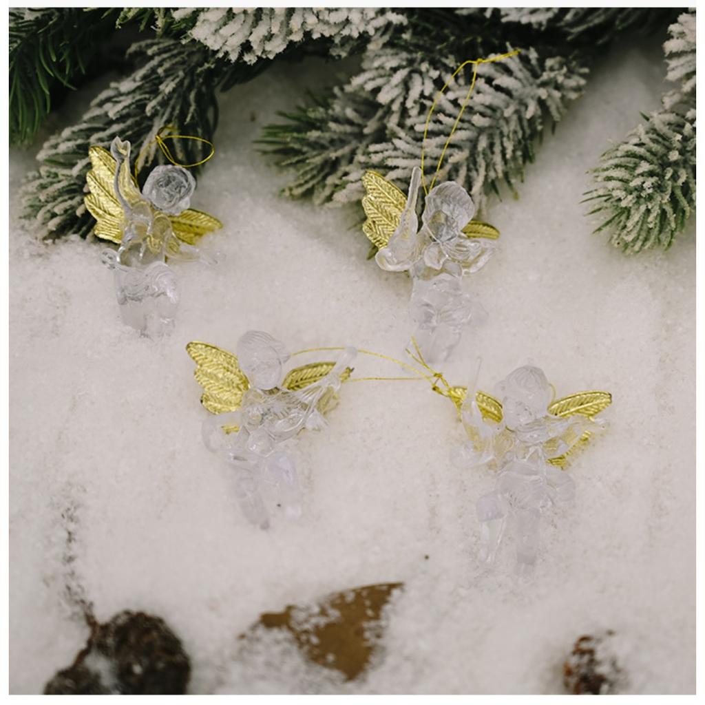 4 adet Noel Meleği Süsü Kristal Berraklığında Altın Kanatlı Melek Noel Ağacı Asılı Süsler Tatil Süslemeleri