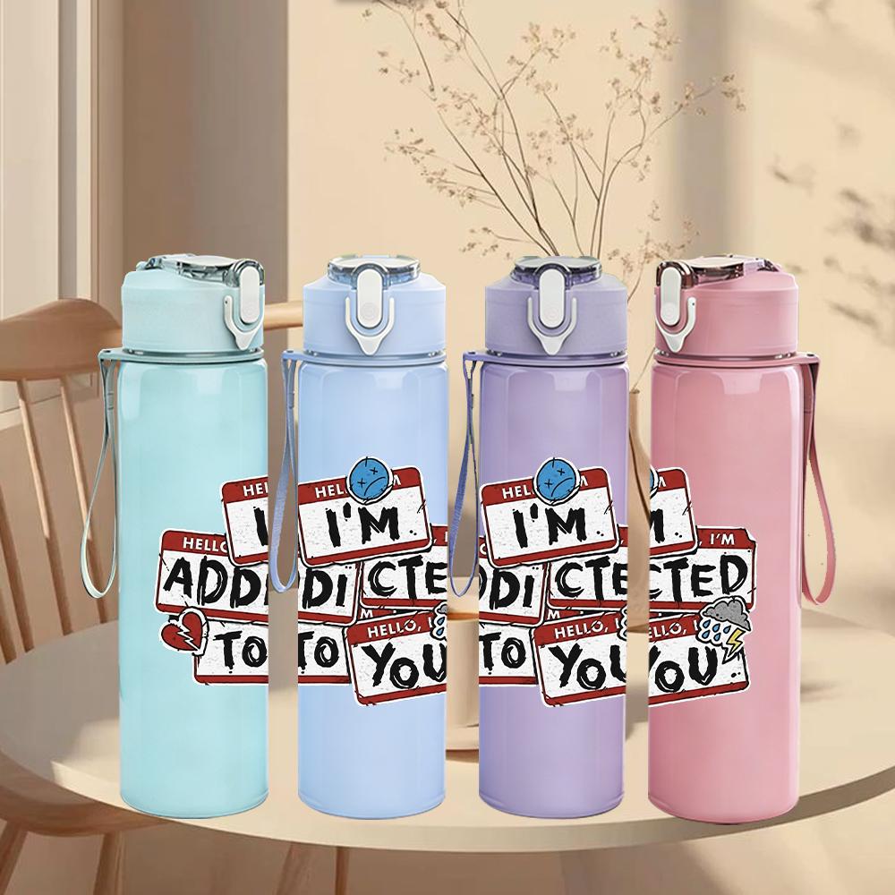 1PC Simple Face Doodle Line Art Print 750ml Colorful Plastic Sports Water Bottle Leakproof Pop Up Lid with Straw for Outdoor Work Home Use