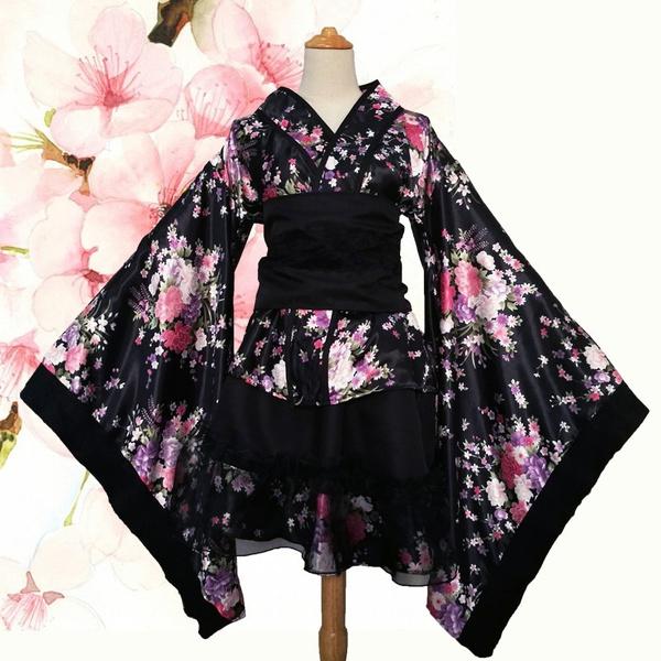 Japonské Anime Cosplay Kimono Krajka Lolita Potisk Třešňových Květů Halloweenský Maškarní Kostým Pro Ženy