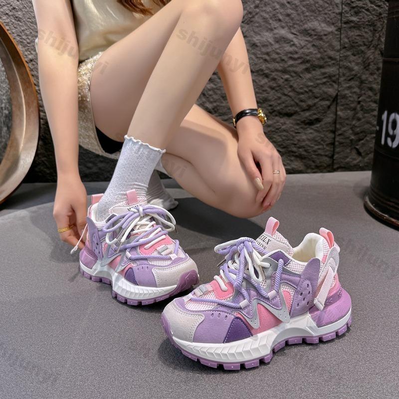 Damen klobige Sneaker Frühling Neu Atmungsaktives Mesh Mode Color Blocking Designerschuhe Trendig Vielseitig Freizeit Sportschuhe