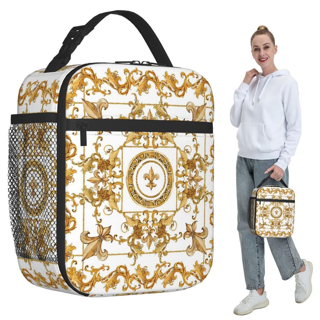 Golden Baroque And Damask Ornament Insulated Lunch Bag for Women Office Cooler Thermal Food Box Tote Lunch Boxes Container