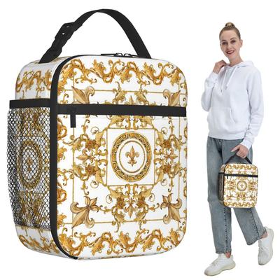 Golden Baroque And Damask Ornament Insulated Lunch Bag for Women Office Cooler Thermal Food Box Tote Lunch Boxes Container