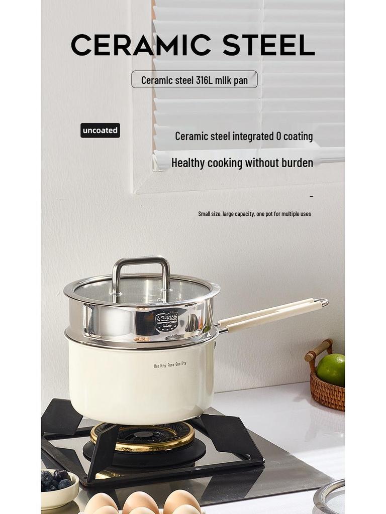 Xunshun 316L Stainless Steel Non-Stick Baby Food Pot, Ceramic Milk & Noodle Soup Pot, Extra Thick for One-Person Cooking.