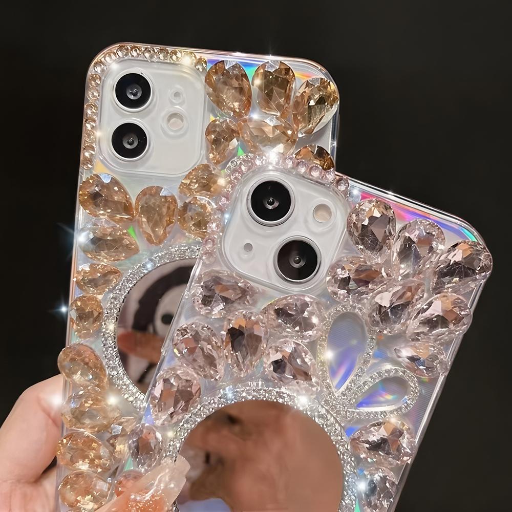 Glitter Crystal Rhinestone Phone Case with Mirror, Clear Bling Floral Cover For OPPO Realme 14 Pro Plus 14X 14T 13 12 Lite 4G 5G