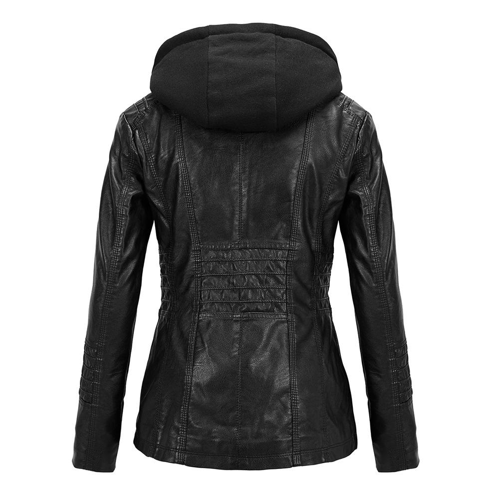 European Women's Slim Fit PU Leather Motorcycle Jacket with Detachable Hood