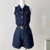 2026 Summer Denim Hong Kong Style: Sleeveless Top & High-Waisted Shorts Set