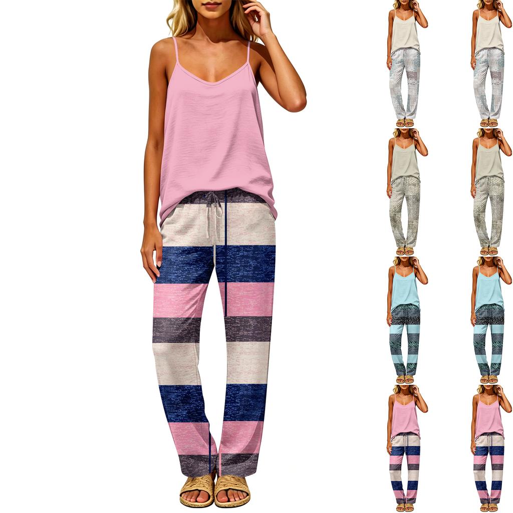 Women's 2 Piece Outfit Set, Casual Backless Sleeveless Top with Elastic Waist Long Pants, Suit No Pockets
