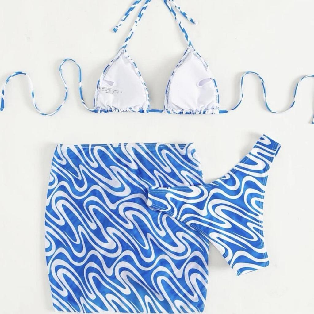 2024 European & American Full Print Halter Triangle Bikini Swimsuit with Beach Dress