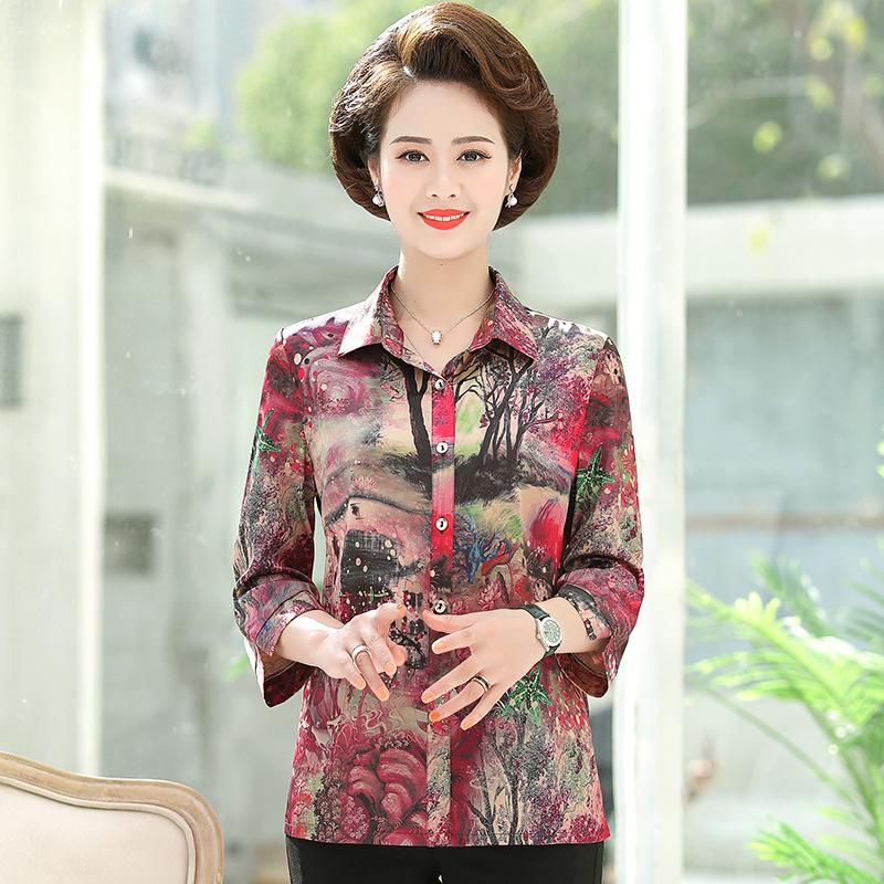 Mother's Day Silk Mid-Sleeve Loose Top for Middle-Aged Women