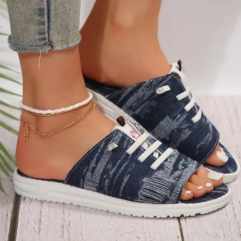 Women's Slippers Lace Up Flat Denim Beach Fish Mouth Shoes Casual Design Comfortable Femme Zapatillas Plus Size 36~43