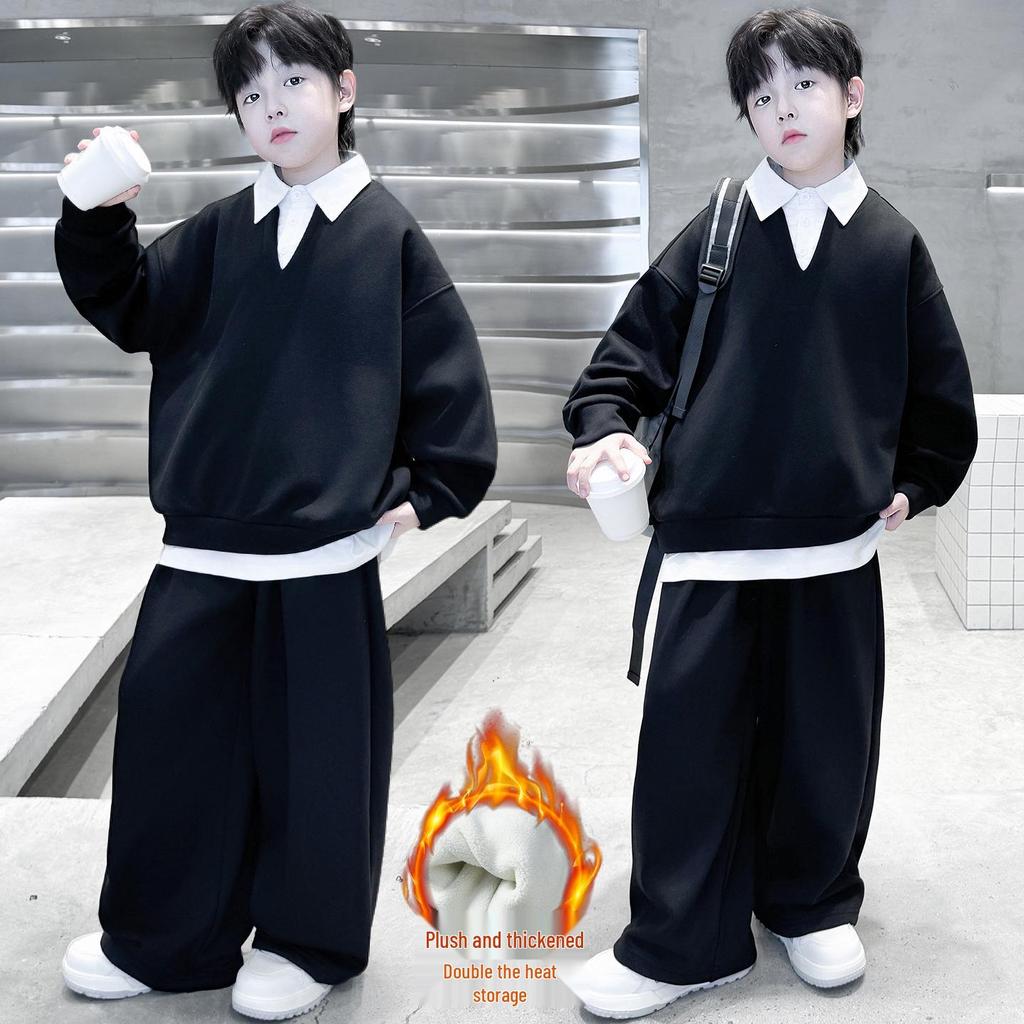 2025 Boys' Spring & Autumn Two-Piece Set - Fashionable Shirt Collar & Knitted Design