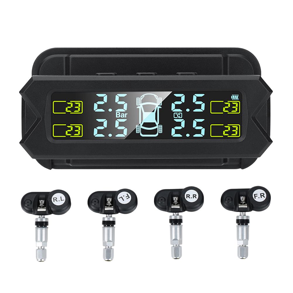 

Солнечный TPMS Высокоточный цифровой датчик давления в шинах ЖК-дисплей Детектор давления в шинах 4 внешних/внутренних датчика Охранная сигнализация External