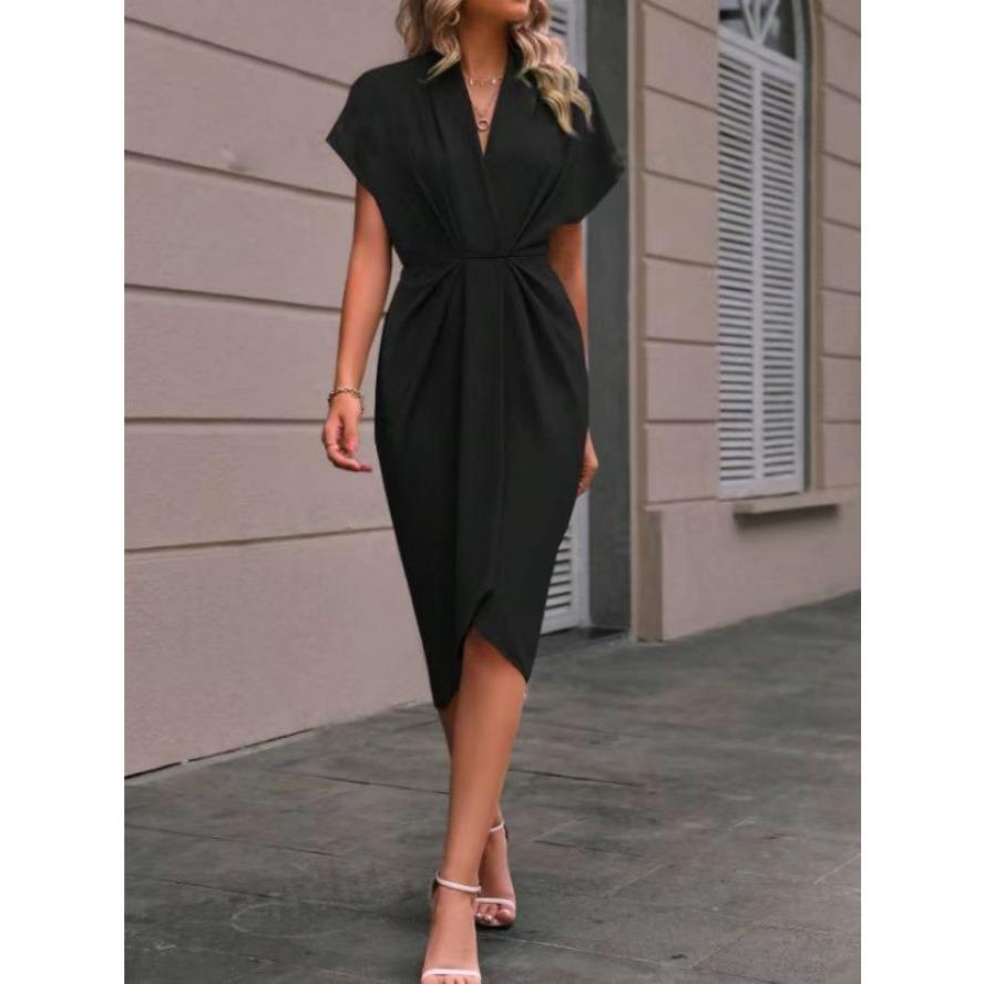 YYFS Women's Fashion Summer Spring Solid Color Print Short Sleeve V-Neck High Waist Casual Dresses