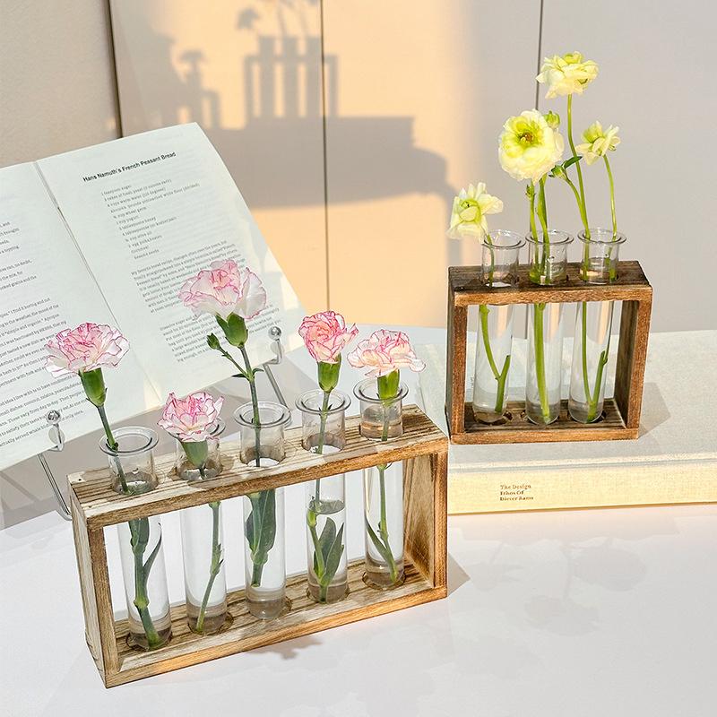1 Set Creative Hydroponic Plants Container With Wood Frame Transparent Test Tube Vase Bonsai Home Desktop Decor Crafts