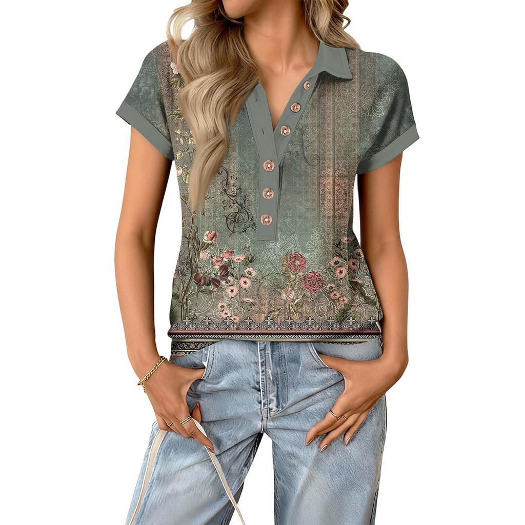 Modny i casualowy damski letni top z dekoltem V, patchworkowy, z krótkim rękawem, w stylu retro z nadrukiem
