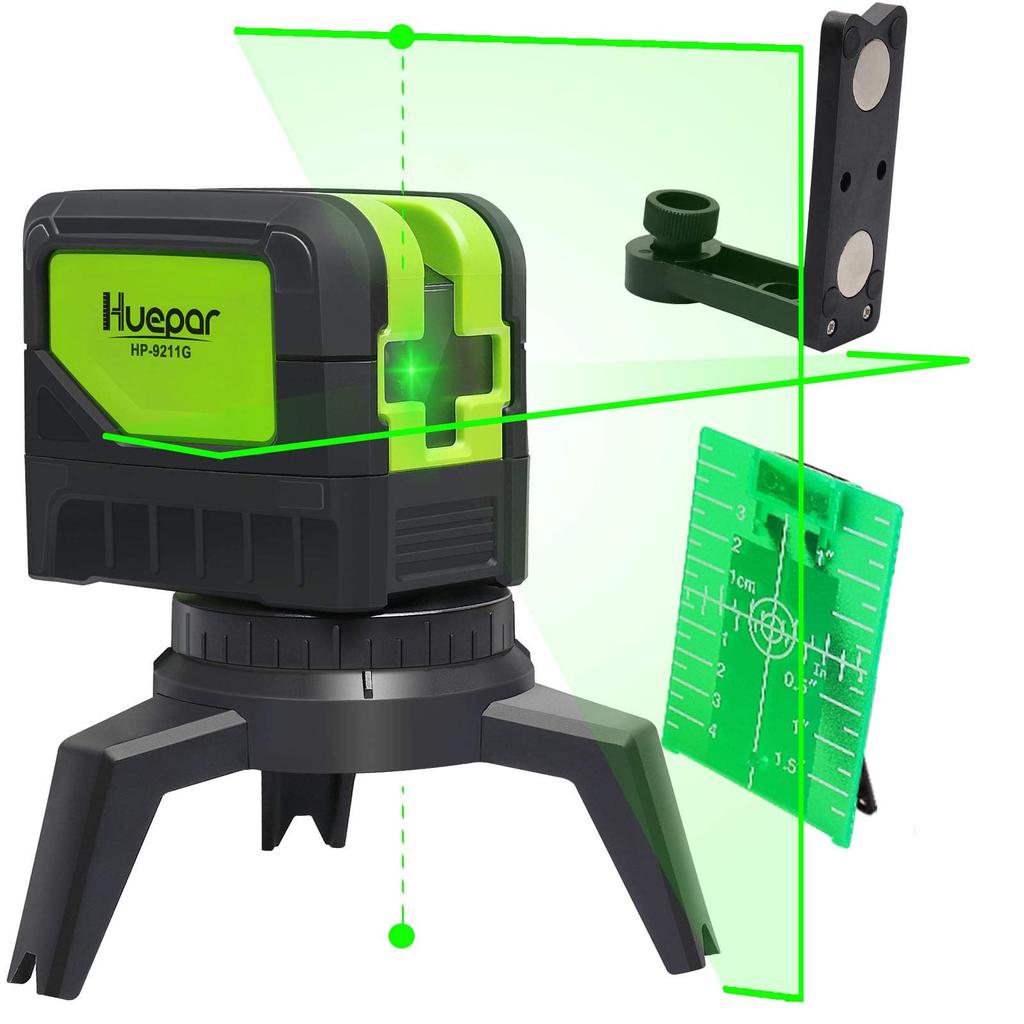 Huepar 9211CG Green Laser Green Cross Line Laser with Automatic High Line Beam Ground 2 2 Points 2-Line Level, 2-Point Leveling, Brightness, 110° &