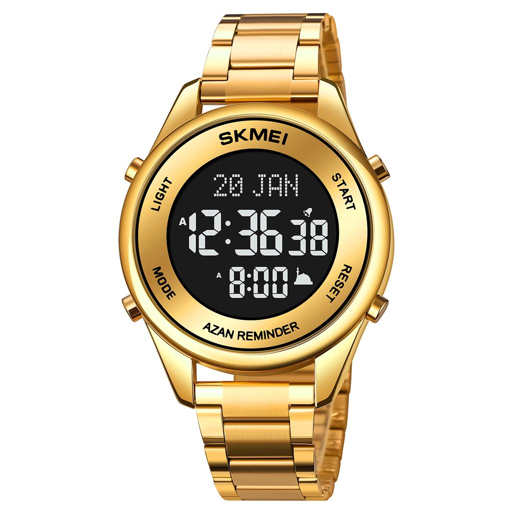 SKMEI New Stainless Steel Muslim Azan Men Watch for Prayer with Qibla Compass Adhan Alarm Hijri Islamic Wristwatch Montre Homme