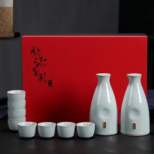 Chinese liquor glass set household spirit glass wine set ceramic jug Qingru kiln wine glass warm jug