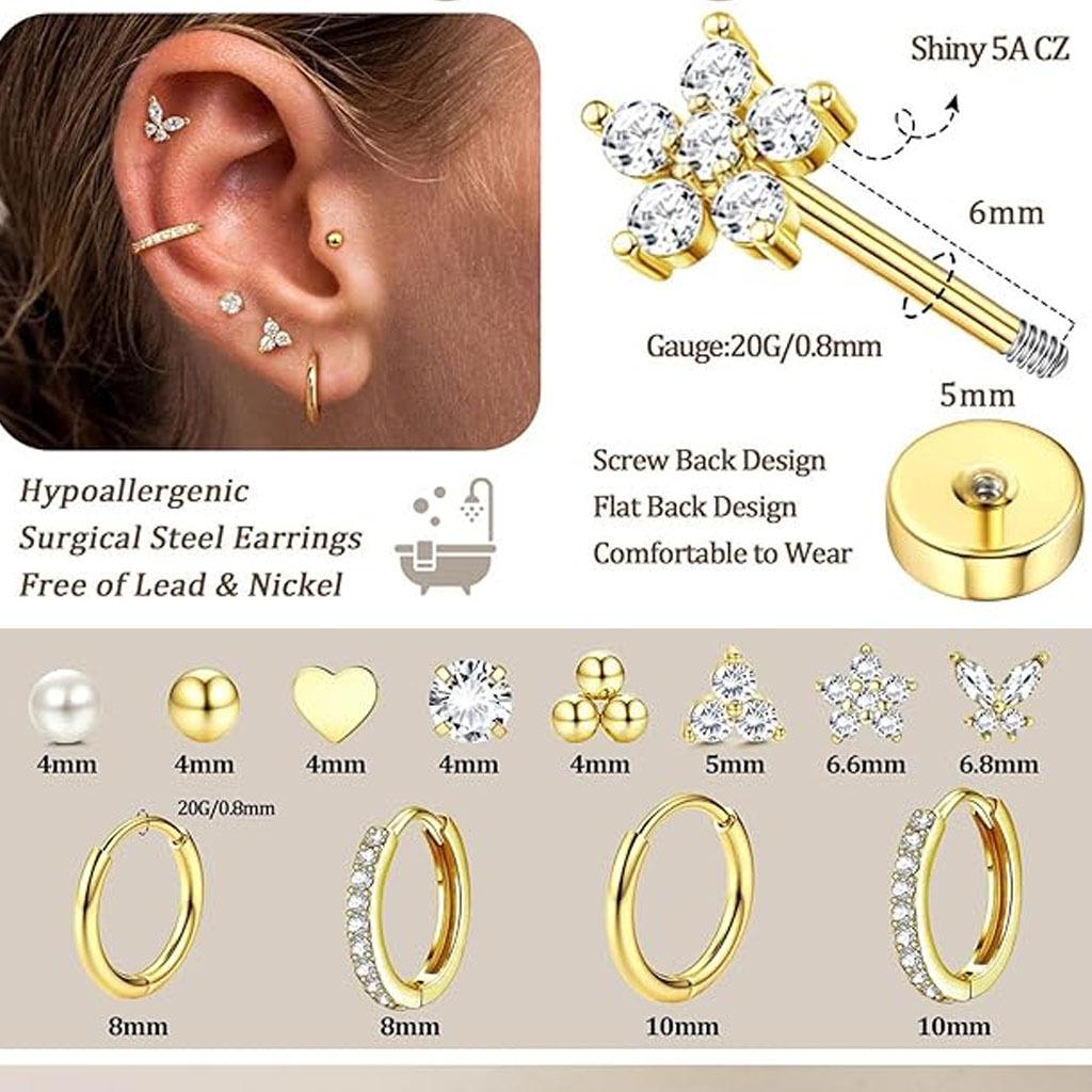 Gold Plated Brass Heart Leaf Zircon Stud Earrings Set