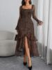 European & American Women's Slim Fit Square Neck Leopard Print Slit Dress - Mermaid Style, Fashionable, Elegant, Sexy.