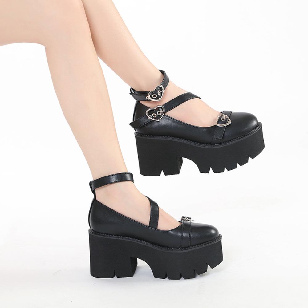 2022 Spring Women British Style Retro Leather Pumps, Block Heel Platform Thick‑Sole Vintage Fashion Ladies Casual Single Shoes