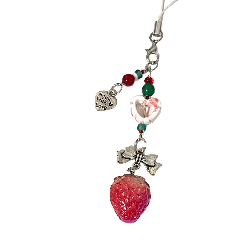 Handmade Strawberry Beaded Phone Charm Stylish Acrylic Strawberry Pendant for Cellphone and Keychain Decoration Charm