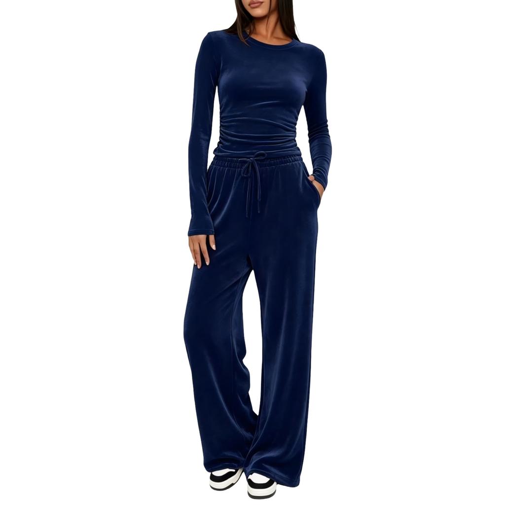 Women's Fashion Casual Activewear Set Long Sleeve Top and High Waist Wide Leg Pants Color Two Piece Outfit