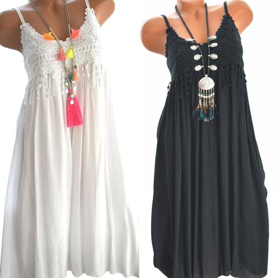 Vintage Women Lace Flower Sleeveless Solid Color Ruffle Casual Summer Maxi Dress