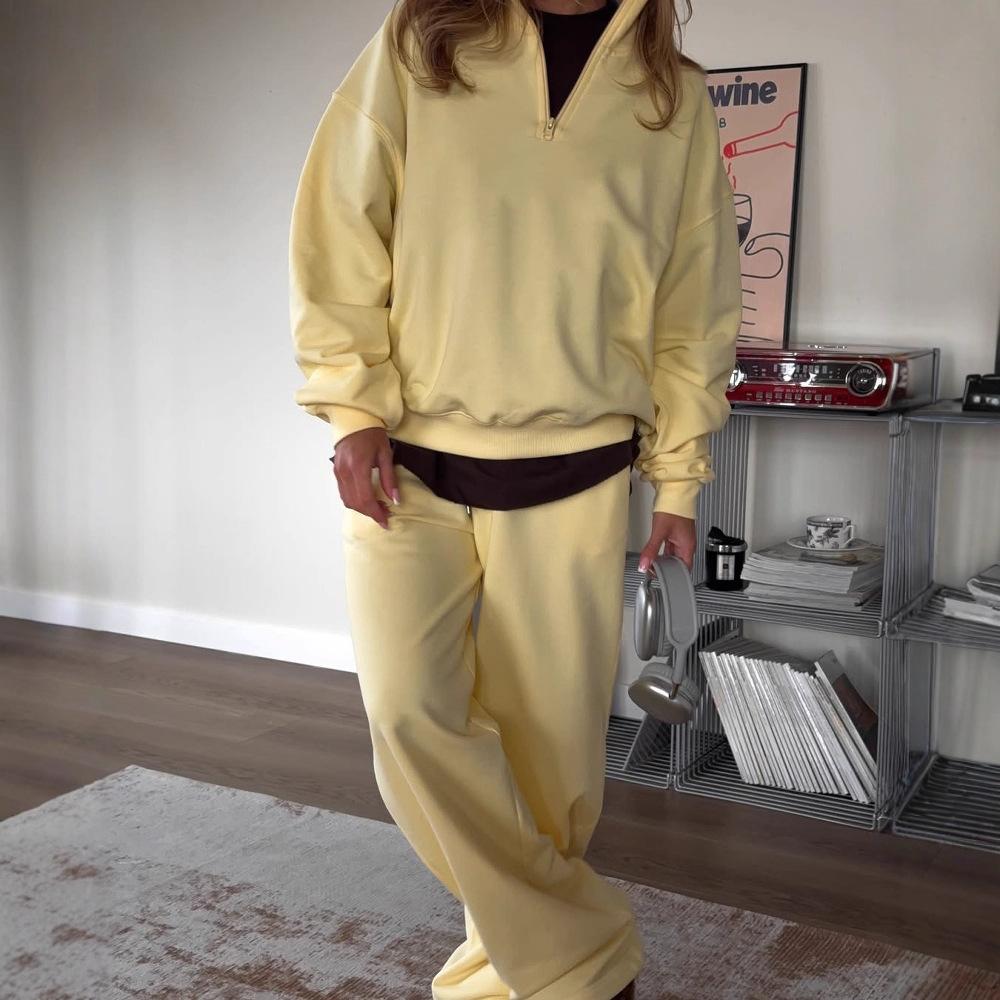 Pink Notch Collar Casual Sweatsuit Set with Loose Fit
