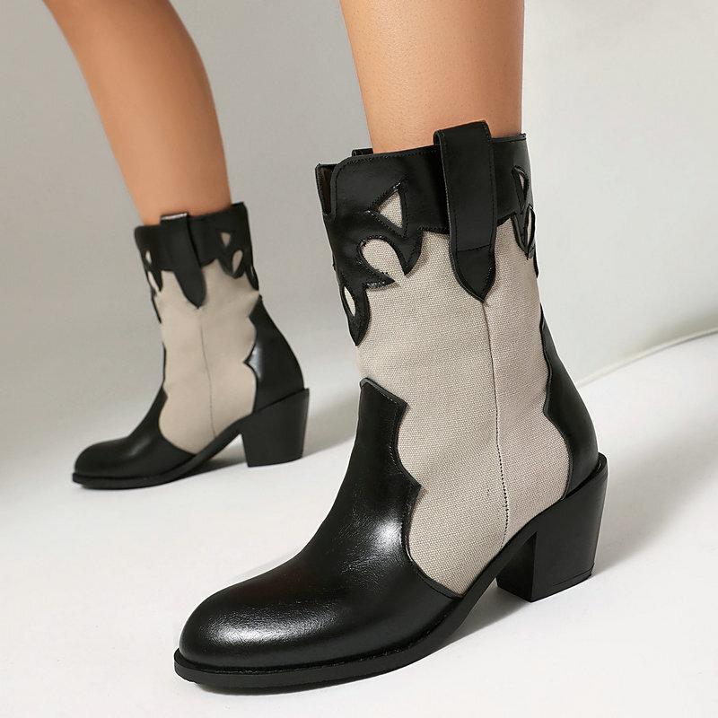  short boots round head thick heel high heel V-mouth western cowboy boots color matching autumn and winter mid-tube knight boots