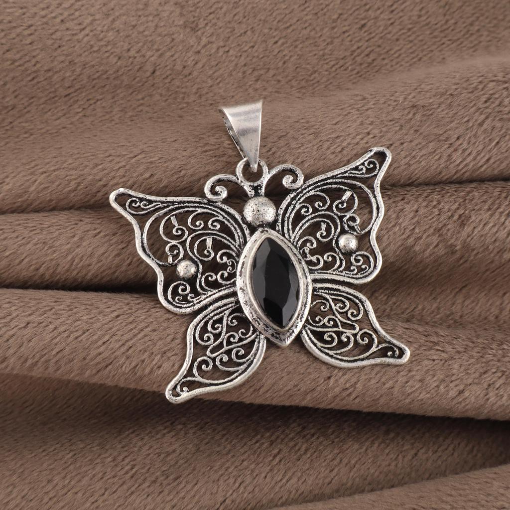 Black Onyx Gemstone 925 Sterling Silver Jewelry Handmade Women Pendant 1.5" CP-41-16