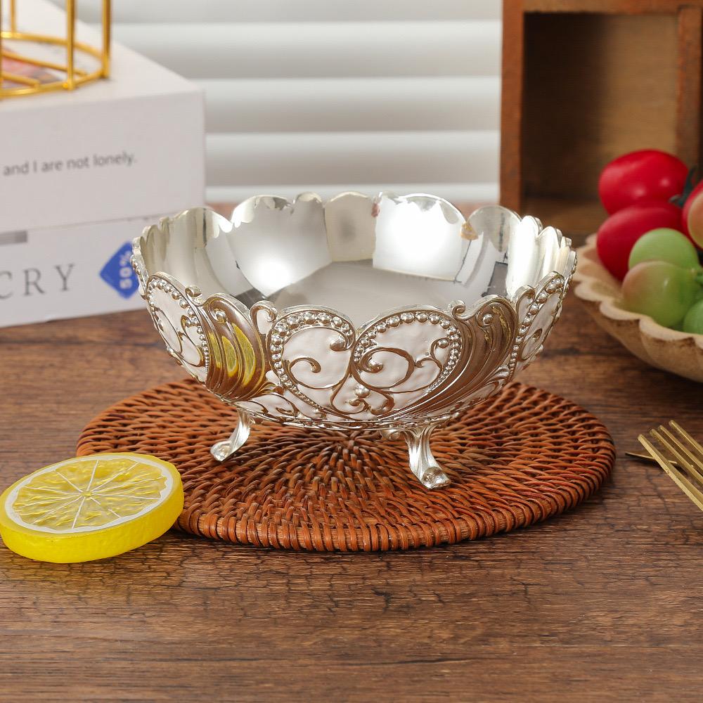 Europäischer Obstteller, Goldene Legierung Exquisite Gravur Blumen Süßigkeitenschale, Futternapf Snack-Teller, Party Schreibtisch Dekoration