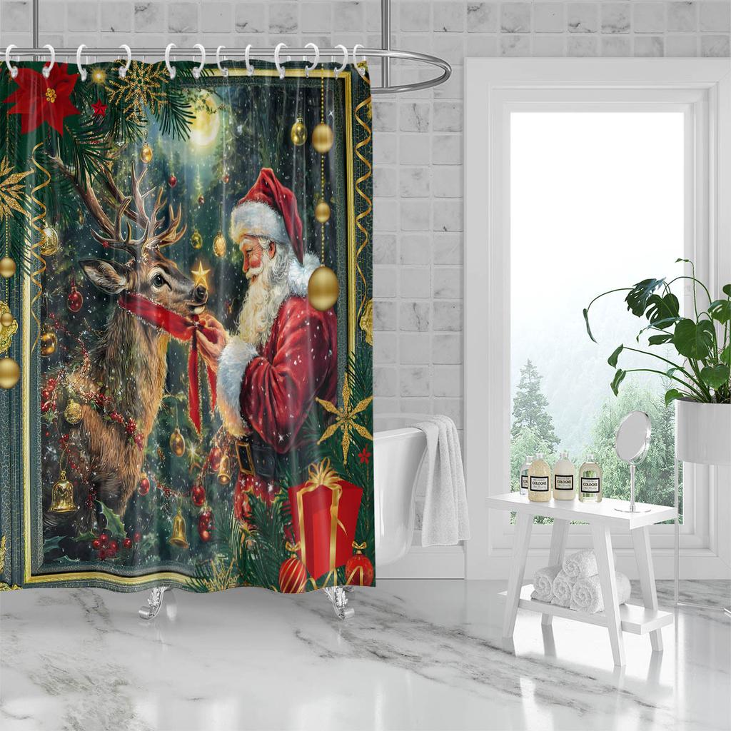1pc Merry Christmas Print Waterproof Shower Partition Curtain Multi Size Privacy Protection with 12 Hooks Easy Installation