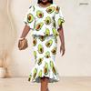Women Plus Size Crew Neck Turquoise Gradient Palm Printed Batwing Sleeve Ruffle Hem Top Fishtail Skirt Two Piece Set