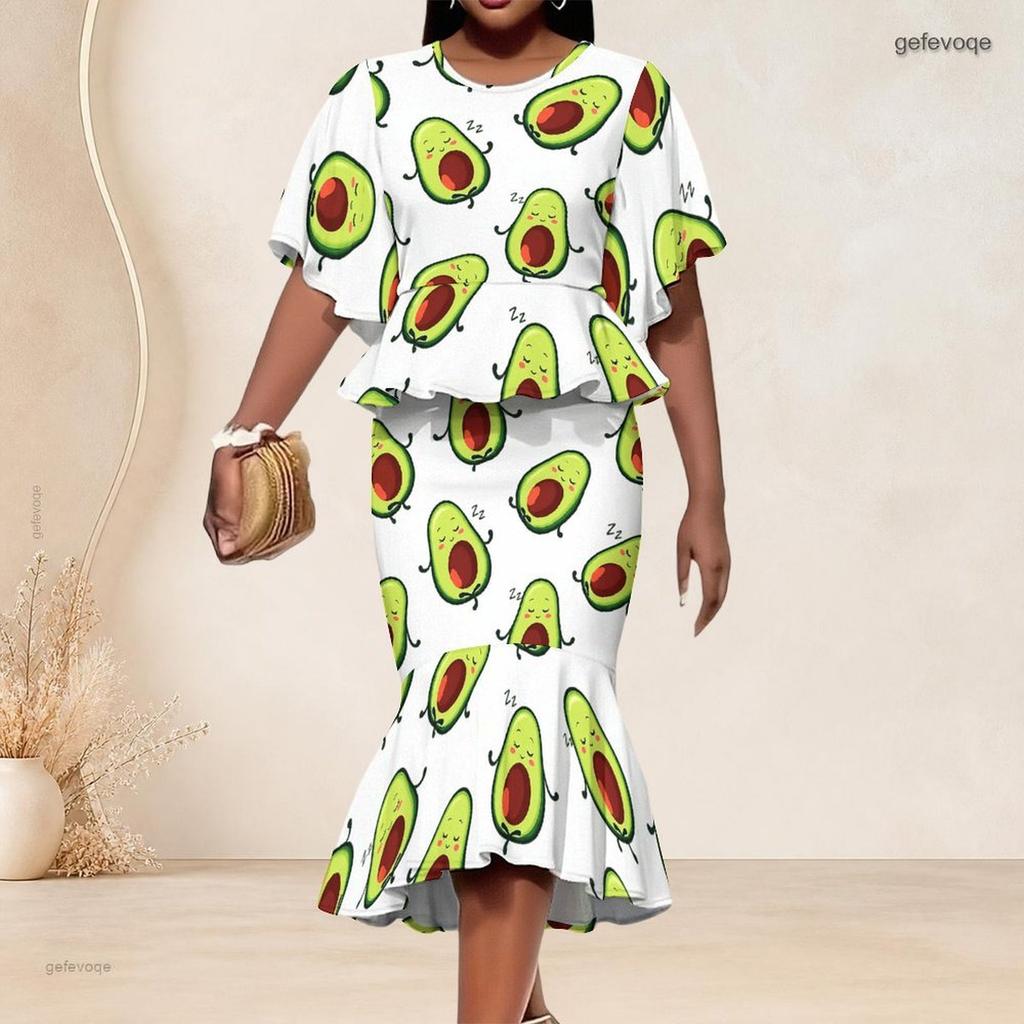 Women Plus Size Crew Neck Turquoise Gradient Palm Printed Batwing Sleeve Ruffle Hem Top Fishtail Skirt Two Piece Set