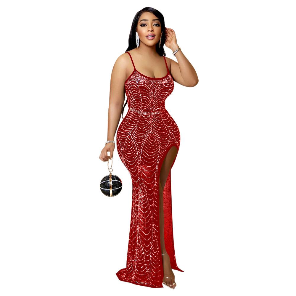 CY9811 European and American Fashion Sexy Rhinestone Spaghetti Strap Rhinestone Slit Leg-Showing Rhinestone Dress for Banquet Socialites