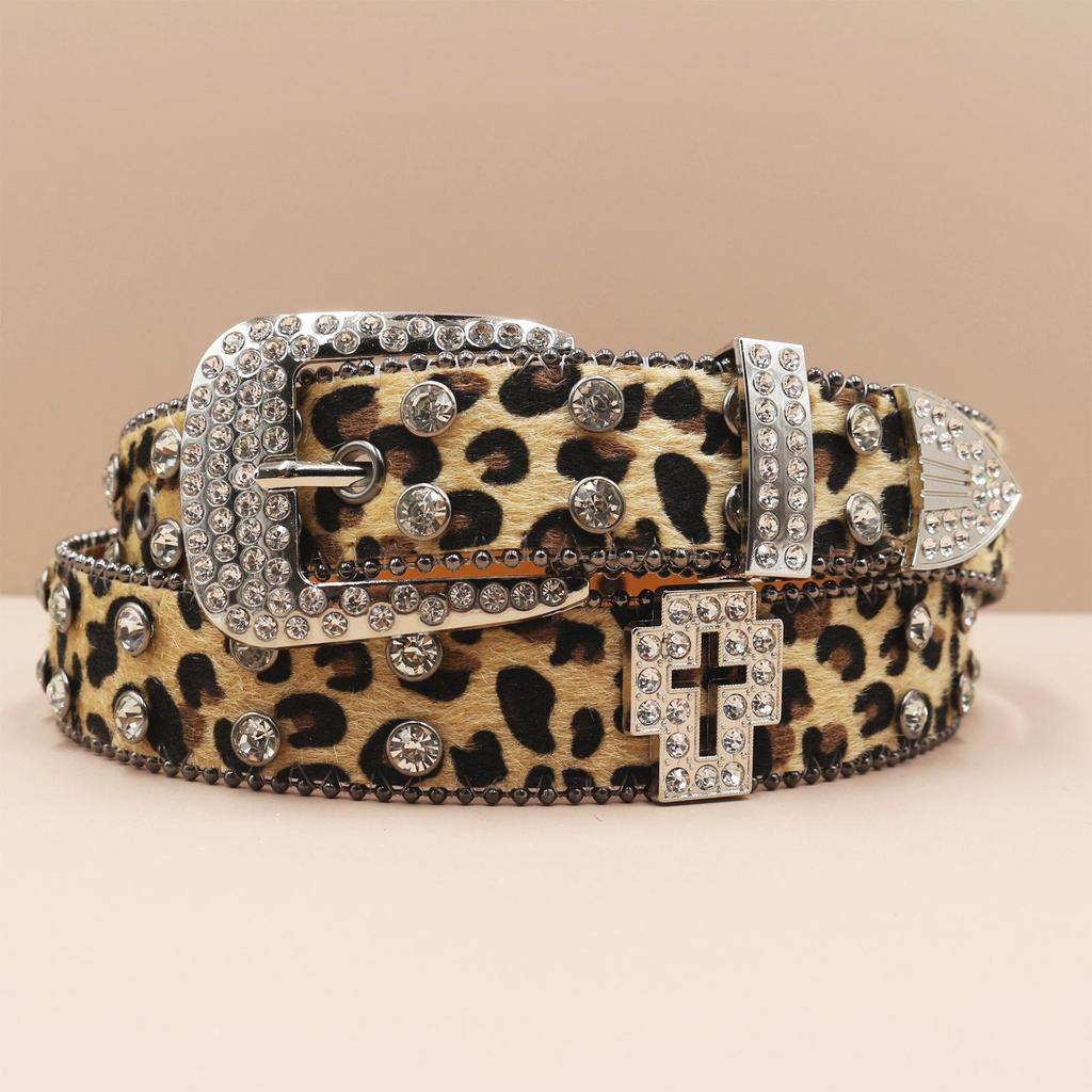 Pánské trendy džíny s leopardím vzorem, křížovým pasem a prémiovým koženým páskem