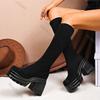 Fashion Autumn and Winter Black Long Boots for Women Platform Large Size Round Head Chunky High Heels Bota Feminina Elastic Knight Boots