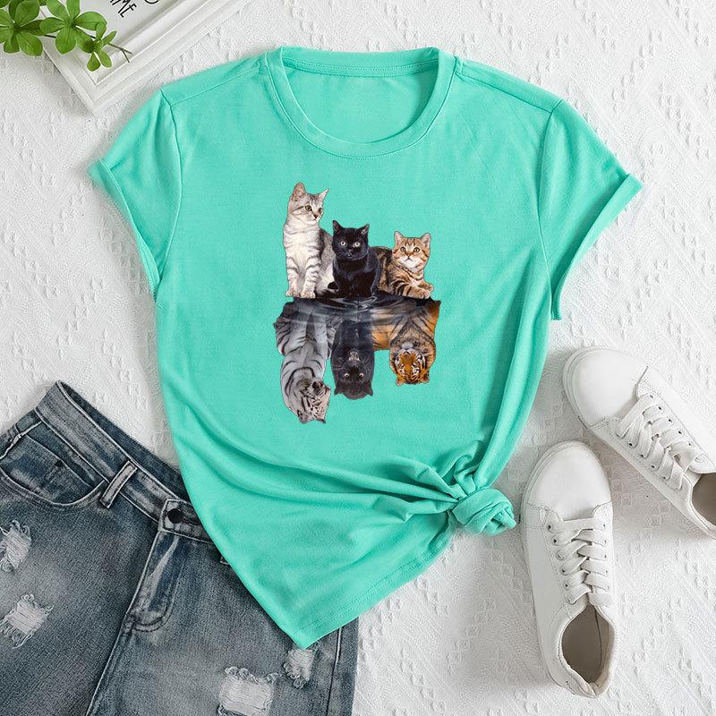 Summer Women's Three Cat Printed Loose Round Neck Casual Cotton Short Sleeves T-Shirts Women's
