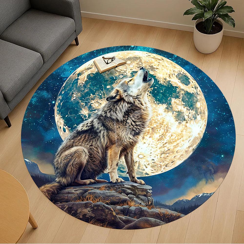 1PC wolf howling moon Office Round Area Rug, Under Office Chairs Bedroom Living Room Home Decor, Carpet for Office -1110016