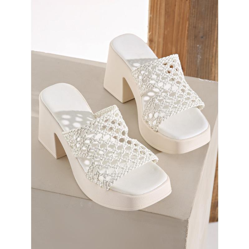 Damen Sandalen mit quadratischer Zehenpartie, Plateau-Keilabsatz, offene Zehenpartie, High Heels zum Hineinschlüpfen, Übergröße Sommer-Schuhwerk