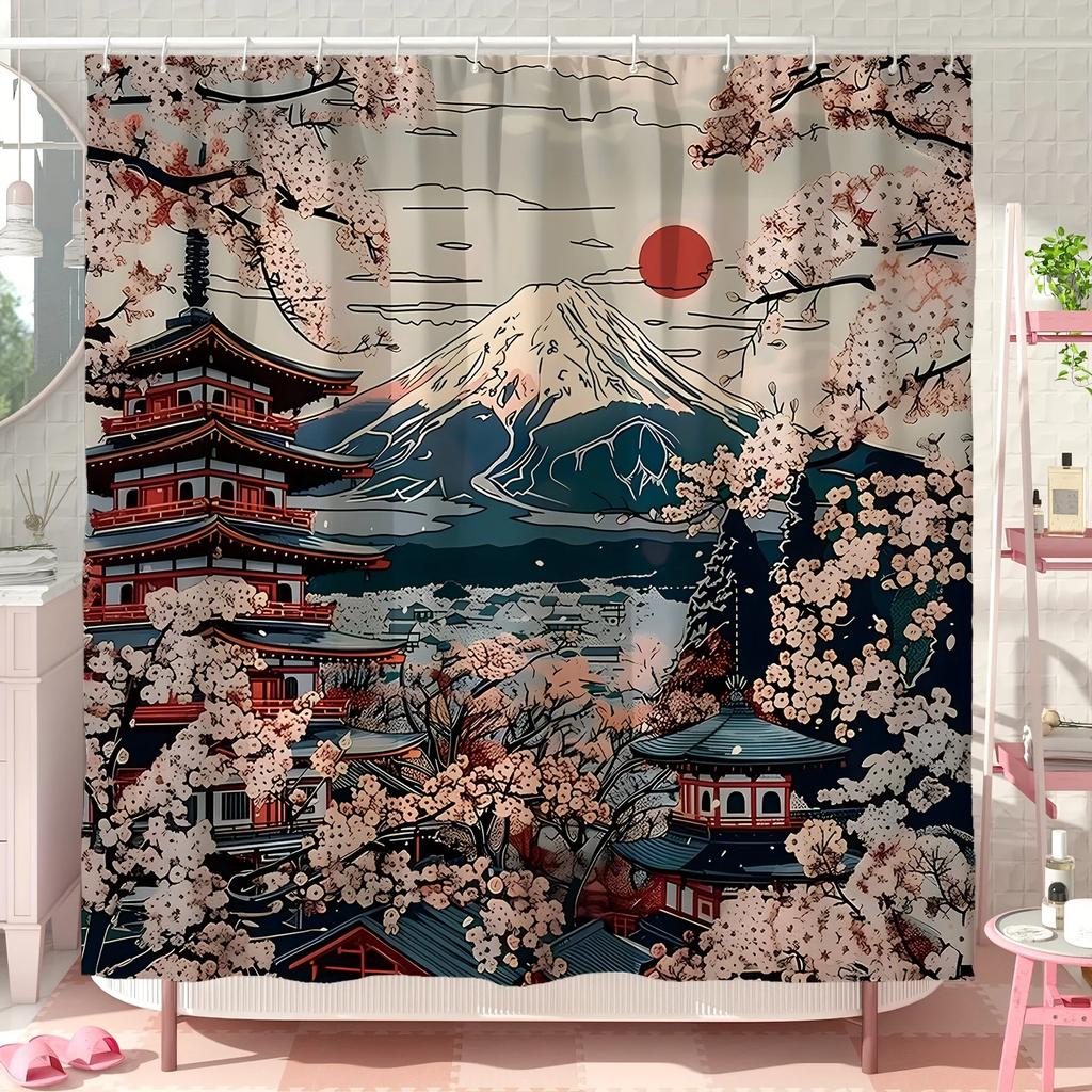 ~O~1pc Japanese Retro Shower Curtain - Cherry Blossom & Mountain Design, Red Sun Blue Pink Hues, Polyester ,  Machine Washable