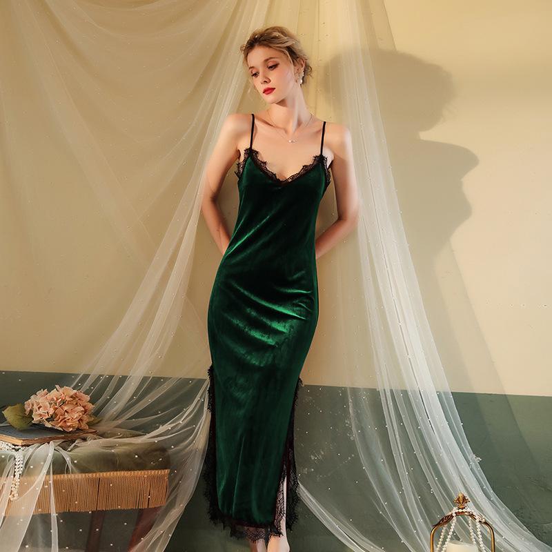 Sexy Luxusní Sametové Krajkové Pyžamo Hluboký V Soukromé Dlouhé Cami Noční Košile Dámská Lounge Set 137 Luxusní Svodné Oblečení na Spaní pro Maximální Pohodlí